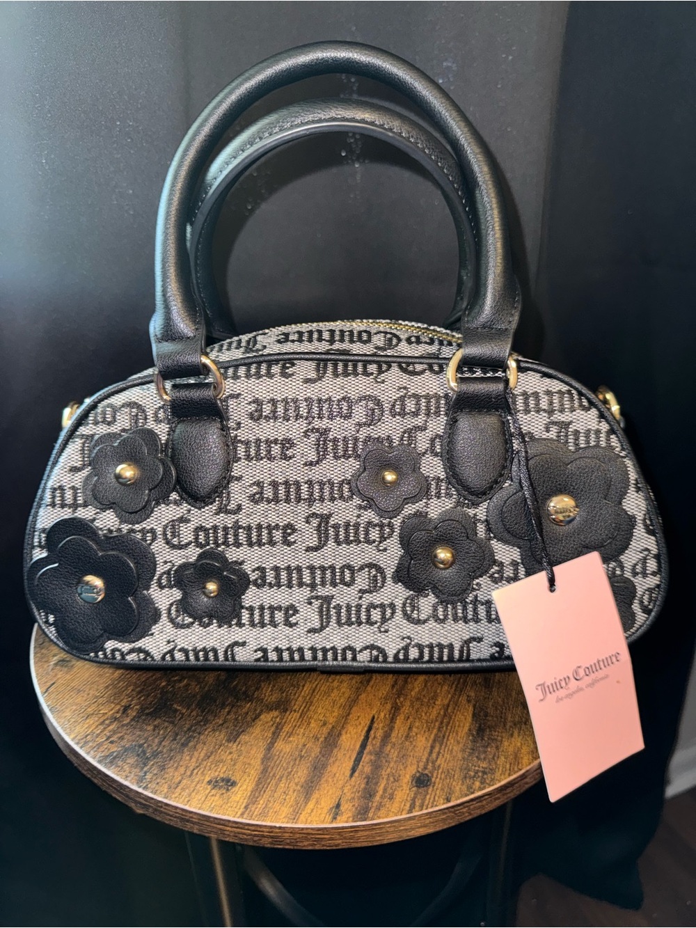 Juicy Couture Black and Gray Floral Logo Dome Satchel